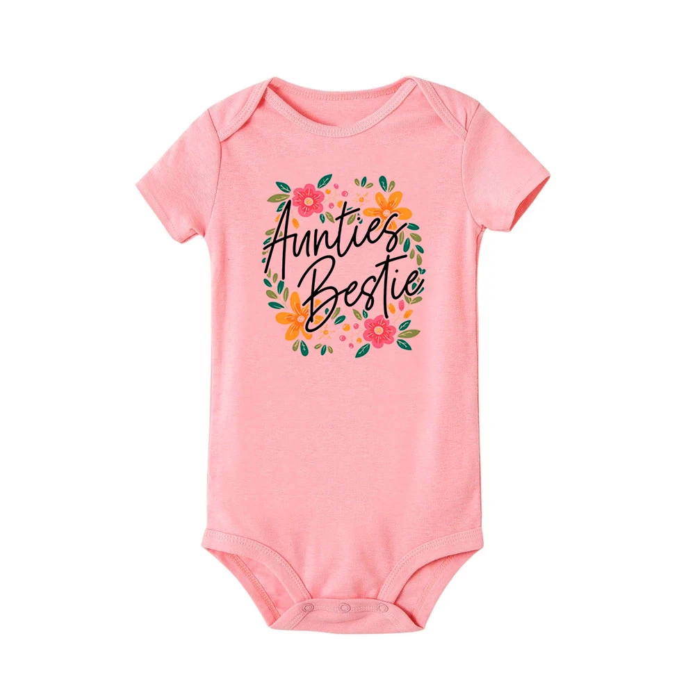 Summer Newborn Infant Baby Clothes Wreath Aunties Bestie Cute Toddler Jumpsuits Boys Girls Short Sleeve Funny Bodysuits Outfits