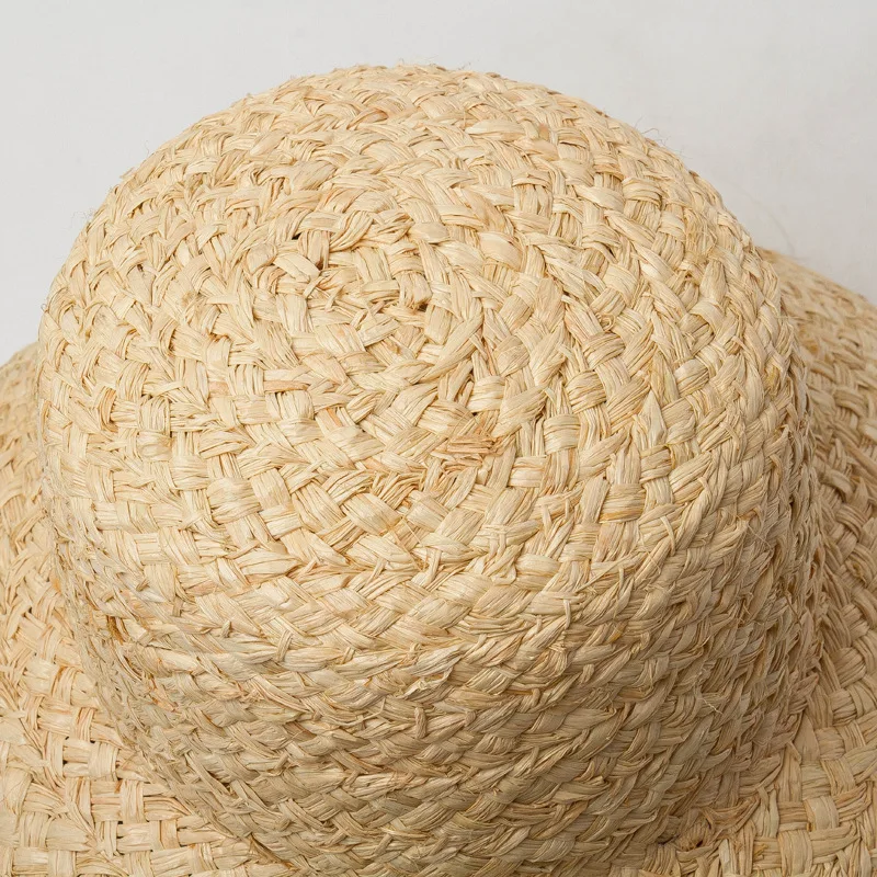 USPOP Retro Flat Top Drooping Brim with Straps Hand-woven Raffia Straw Hat for Women Parent-child  Beach Straw Hat  Two Size