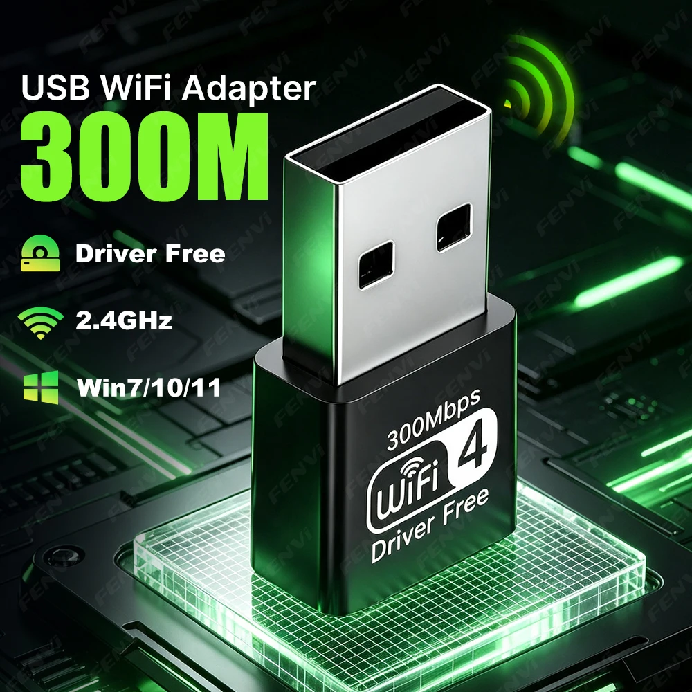 WiFi 4 300Mbps USB WiFi Adapter 2.4GHz Wireless Network Card Driver Free for Windows 11/10/7 PC Laptop Desktop