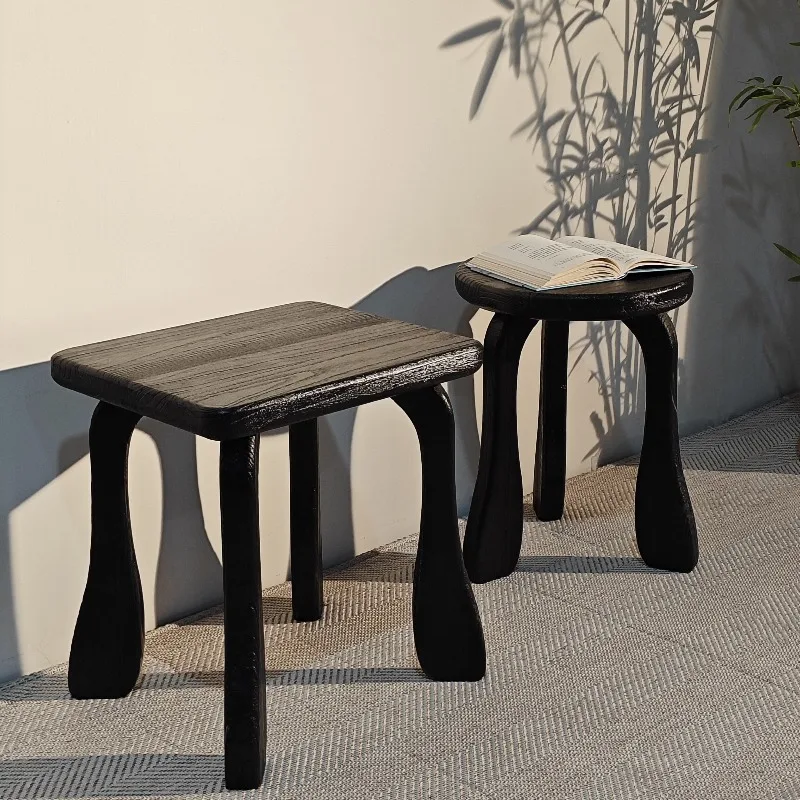 Solid Wood Mid-Century Vanity Stool Light Luxury Makeup Seat for Bedroom Coffee Table Stool