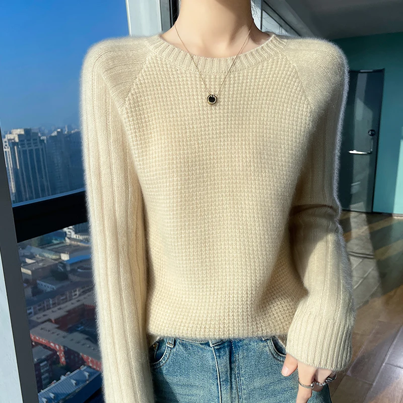 Women\'s sweater in autumn and winter O-neck long sleeve 100% merino wool pullover leisure padded cashmere sweater Korean style