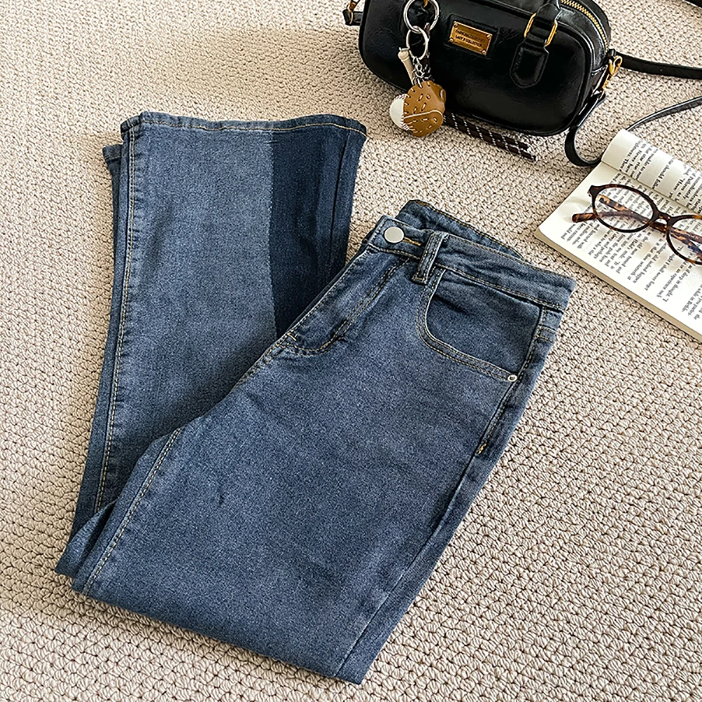 

Женские джинсы в стиле ретро в стиле пэчворк, осенние винтажные контрастные расклешенные брюки с высокой талией, универсальные джинсовые брюки до щиколотки