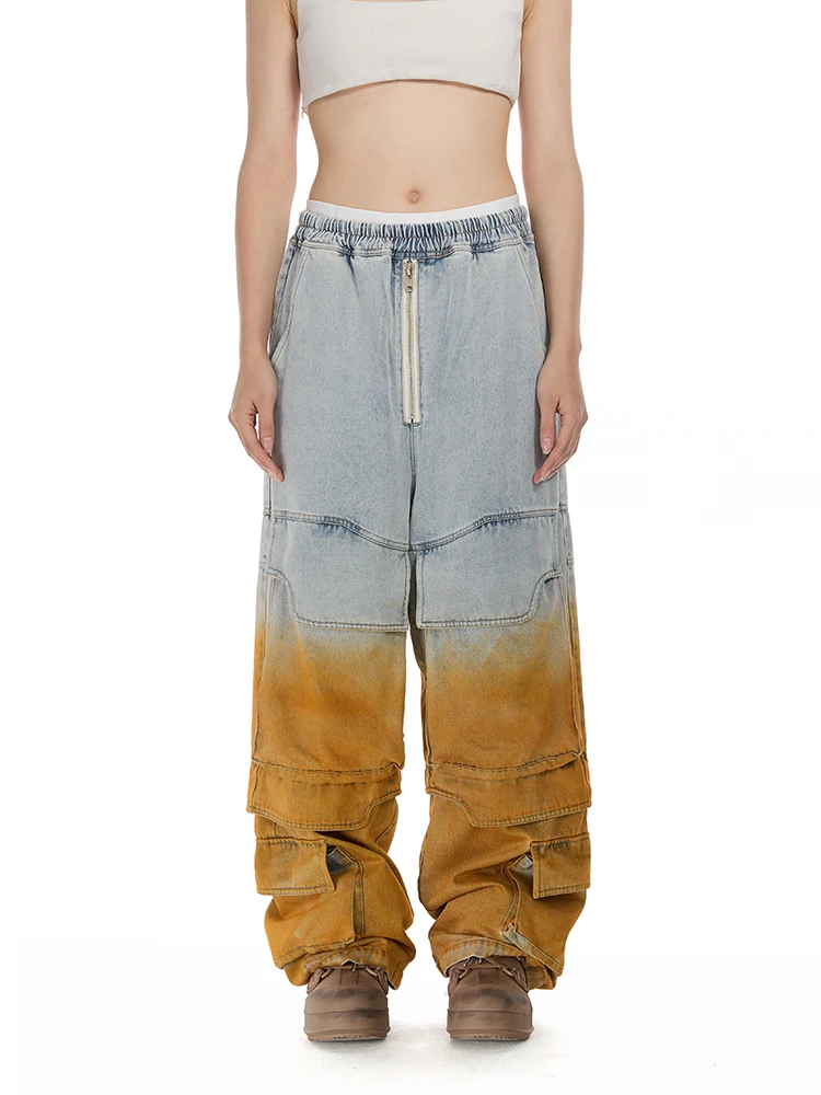 

BTW Gradient Workwear Jeans Loose Casual Loose Wide Leg Pants for Men And Women Trendy Brand Couple American Retro Style
