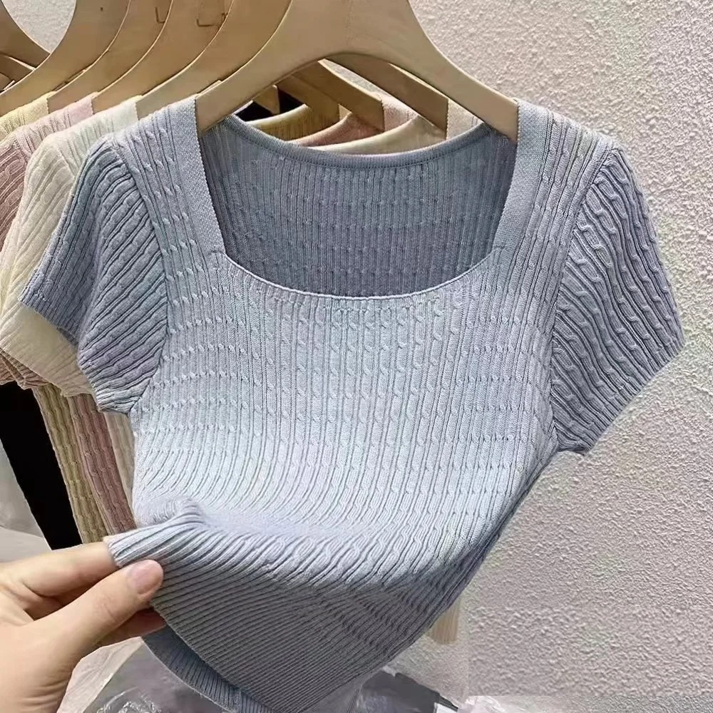 

Premium Feel Square Collar White ort Sve Knitted Ice Silk Women's T-irt Thin Korean Sle Commute Faion Summer New A...