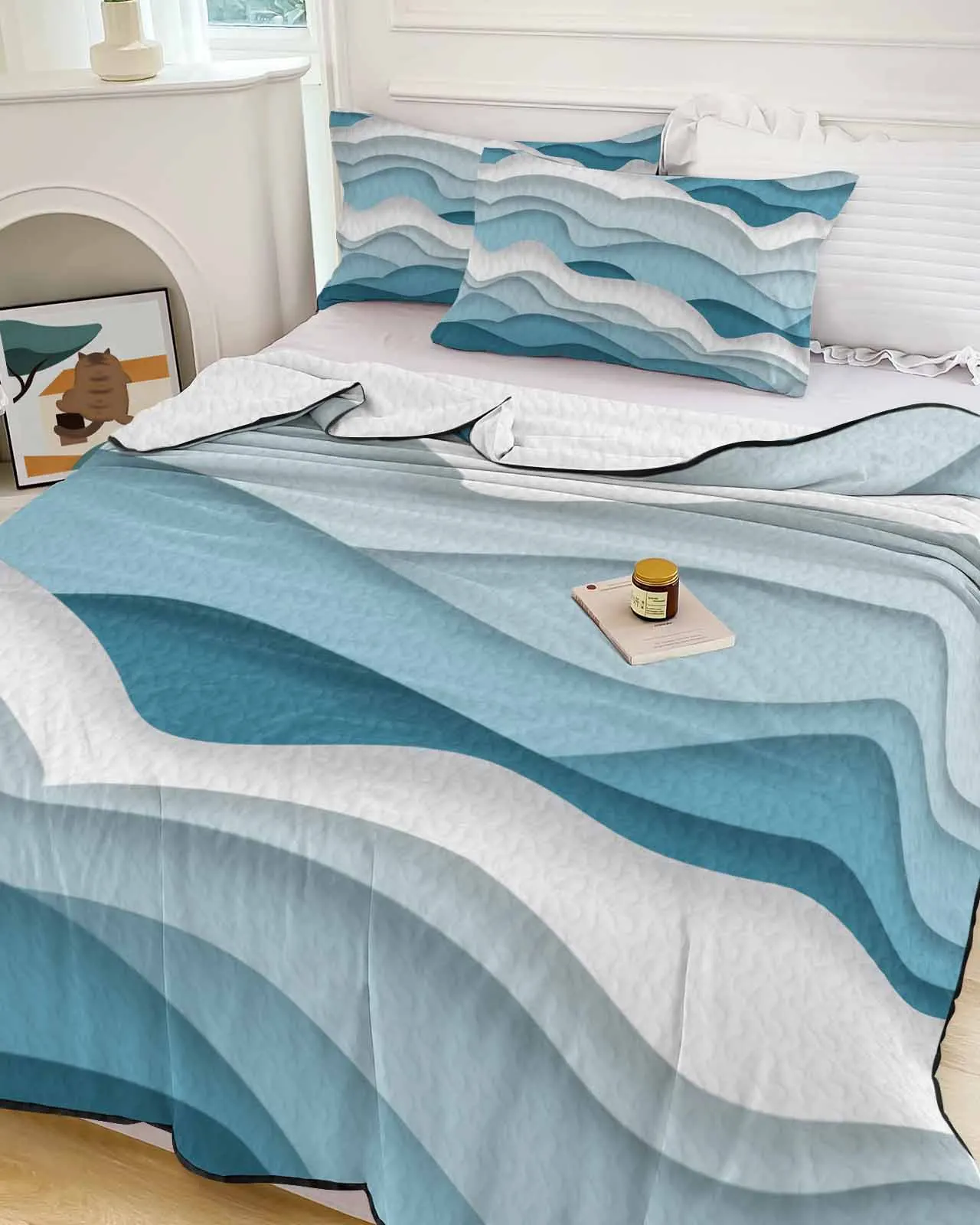 

Gradual Ocean Waves And Foam Blue Gradient Cooling Blankets Air Condition Comforter Lightweight Summer Quilt for Bed Thin Quilt