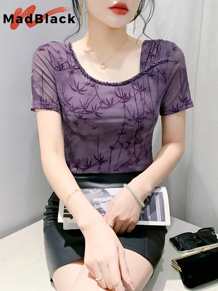 

MadBlack European Clothes Tshirts Women Sexy Round Collar Ruched Beaded Slim Mesh Tops Short Sleeve Tee Summer T45862JM