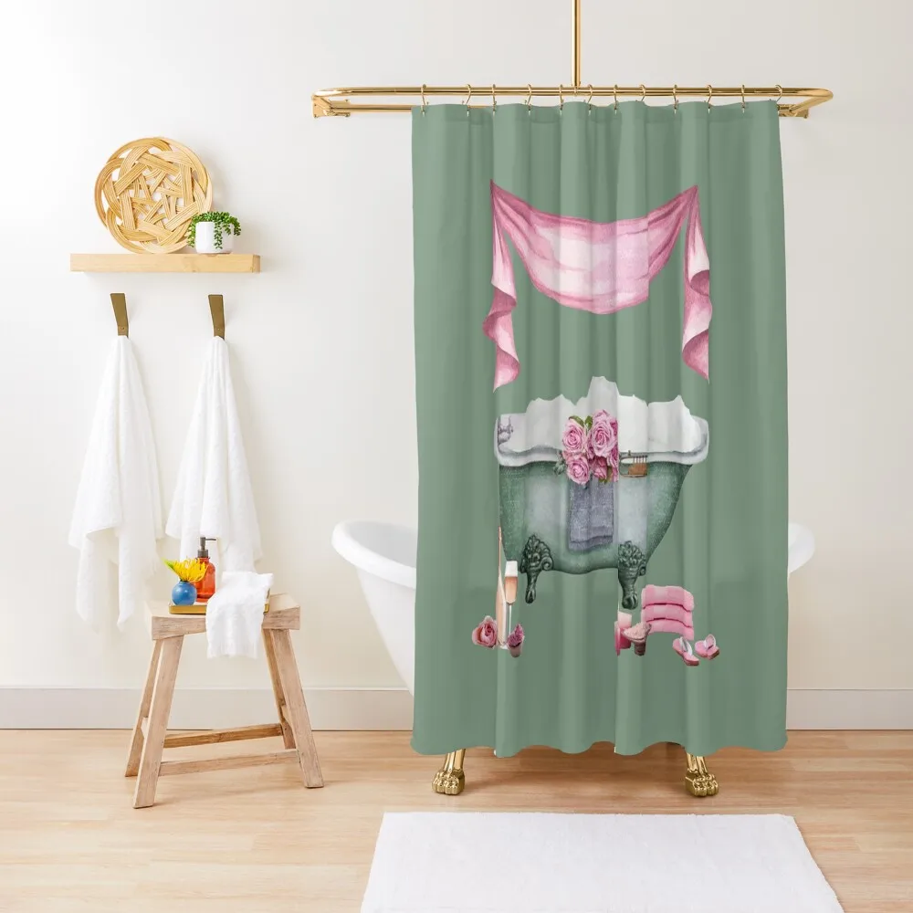 

Shabby Chic Victorian Bathtub Pink Roses Shower Curtain Bathroom Fabric Cute Shower Waterproof Bathroom Shower Curtain