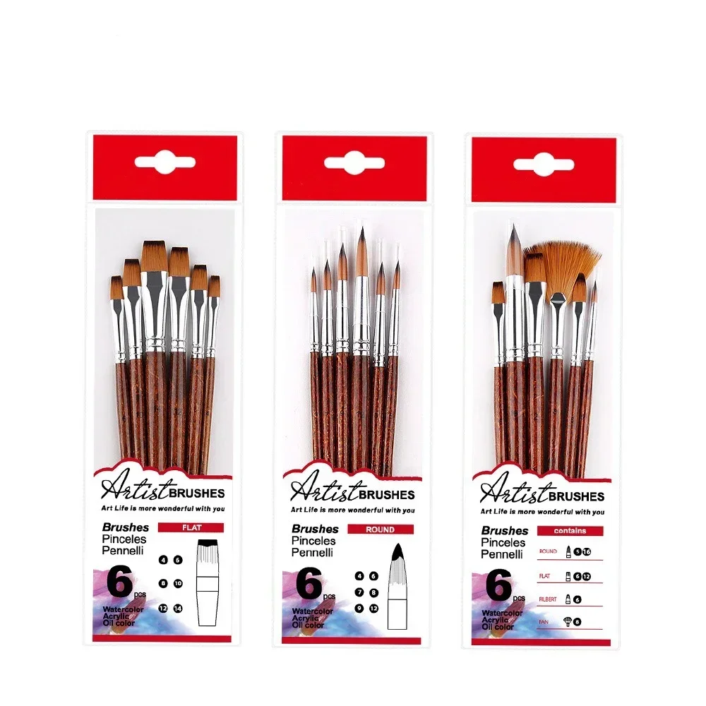 4/5/6/7/10pcs set multifunctional art paint flat head DIY oil painting acrylic fan-shape brown short wooden rod watercolor brush