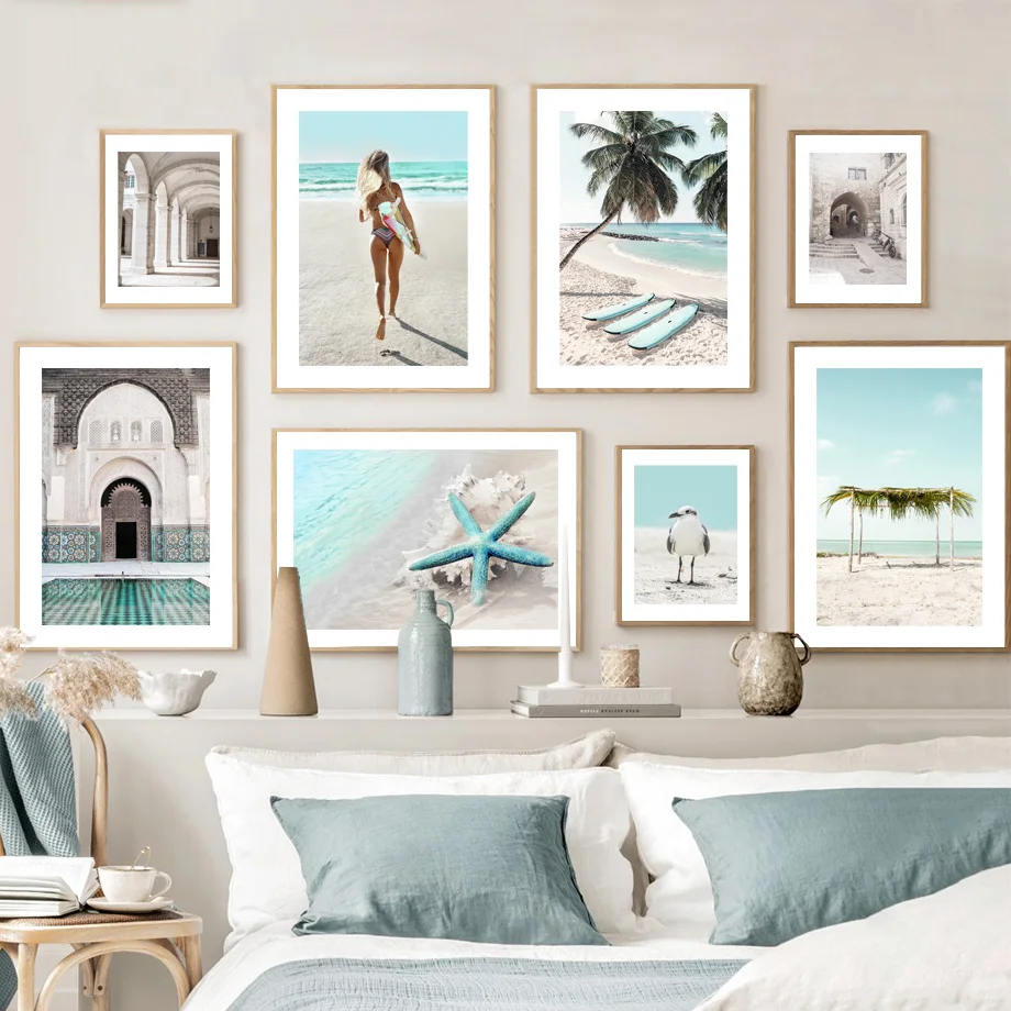 

Beach Surfing Snipe Coconut Tree Wall Art Mural Morocco Door Canvas Painting Starfish Poster Print Pictures Living Room Decor