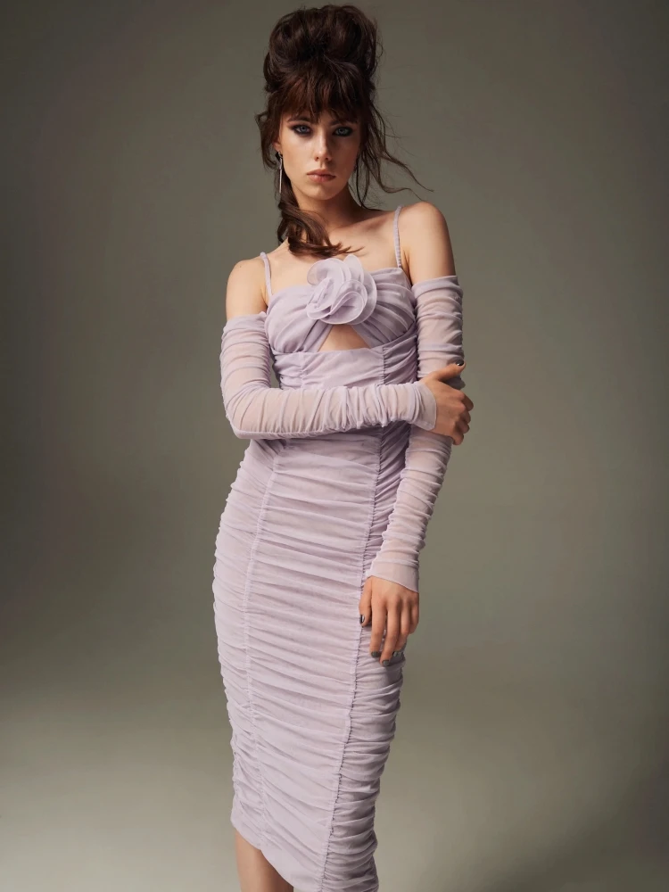 Sexy Off Sholder Long Sleeves Flower Design Midi Dress Fall Women Lavender Mesh Folds Bodycon Dresses Elegant Evening Party Gown