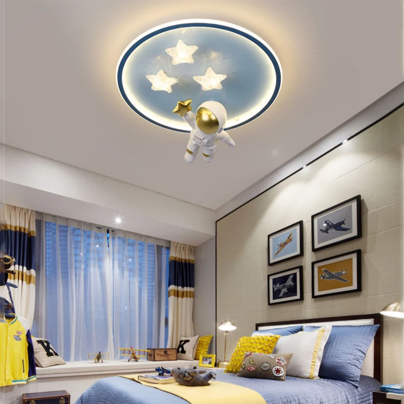 Modern Astronaut Led Ceiling Lamps For Children\'s Room Bedroom Study Kids Baby Cartoon cute pink Spaceman Star Chandelier Lights