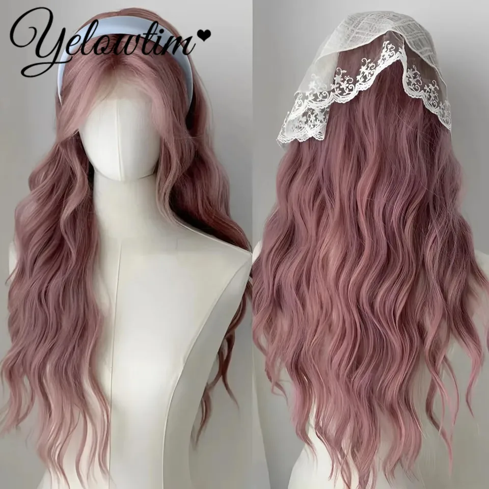 Long Water Wave Wig with Bangs Pink Purple Cosplay Silky Wig for Women Daily Party Natural Soft Synthetic Hair Heat Resistant