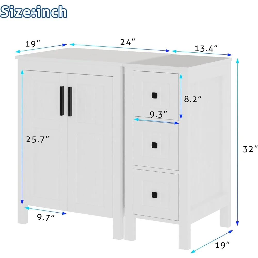 36 inch bathroom vanity with sink, 3 drawer cabinet, sink door and metal handle, bronze round bowl tempered glass container