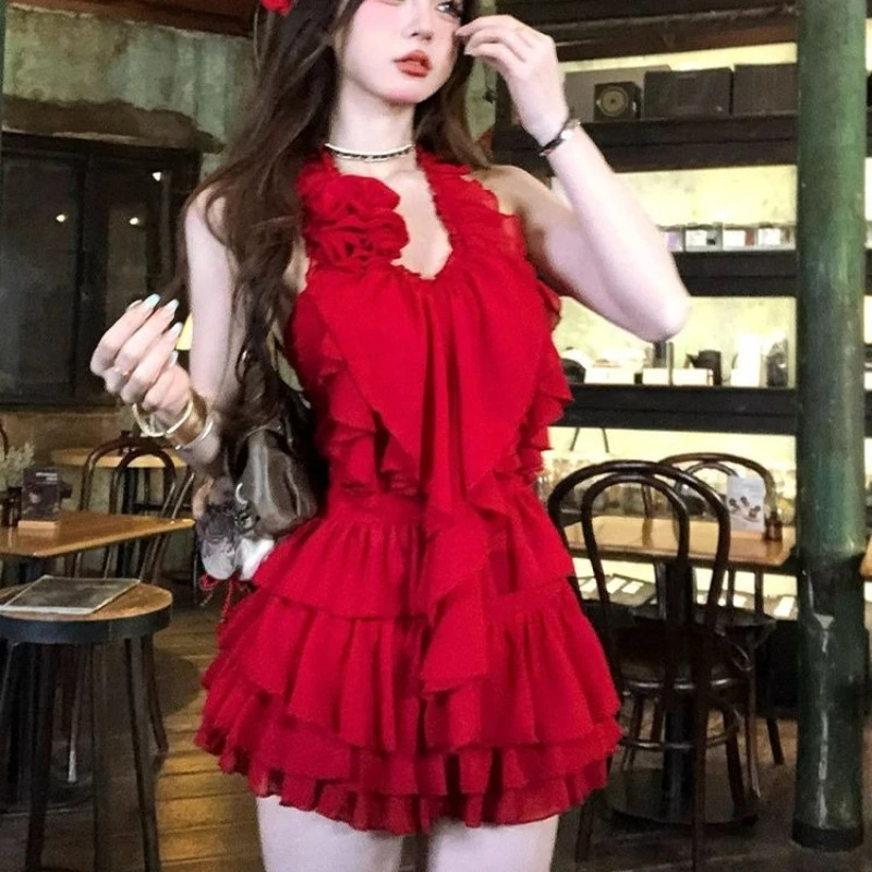 Y2k Vintage Solid Color Halter Waist-Cinched Tiered Cake Dress Women Elegant American Retro Mini Dress Bow Patchwork 2026