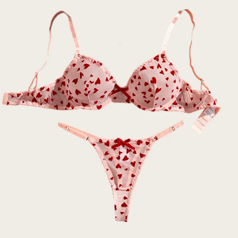 Sexy Lingerie Women Beautiful Underwear Heart Print Bra Set Erotic Lingerie Pink Mesh Underwear Three-Point See Through Lingerie