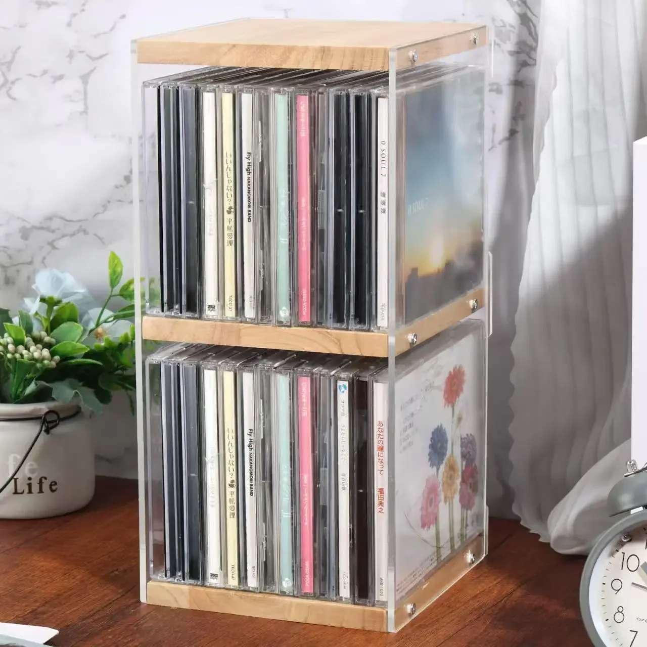 Wooden Record Rack Vinyl Album Storage Rack Two-Layer Display Rack