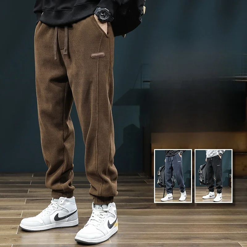 

Мужские теплые зимние повседневные брюки на подкладке Fce, свободные длинные брюки с низкой талией, молодежная повседневная рабочая одежда, спортивные штаны