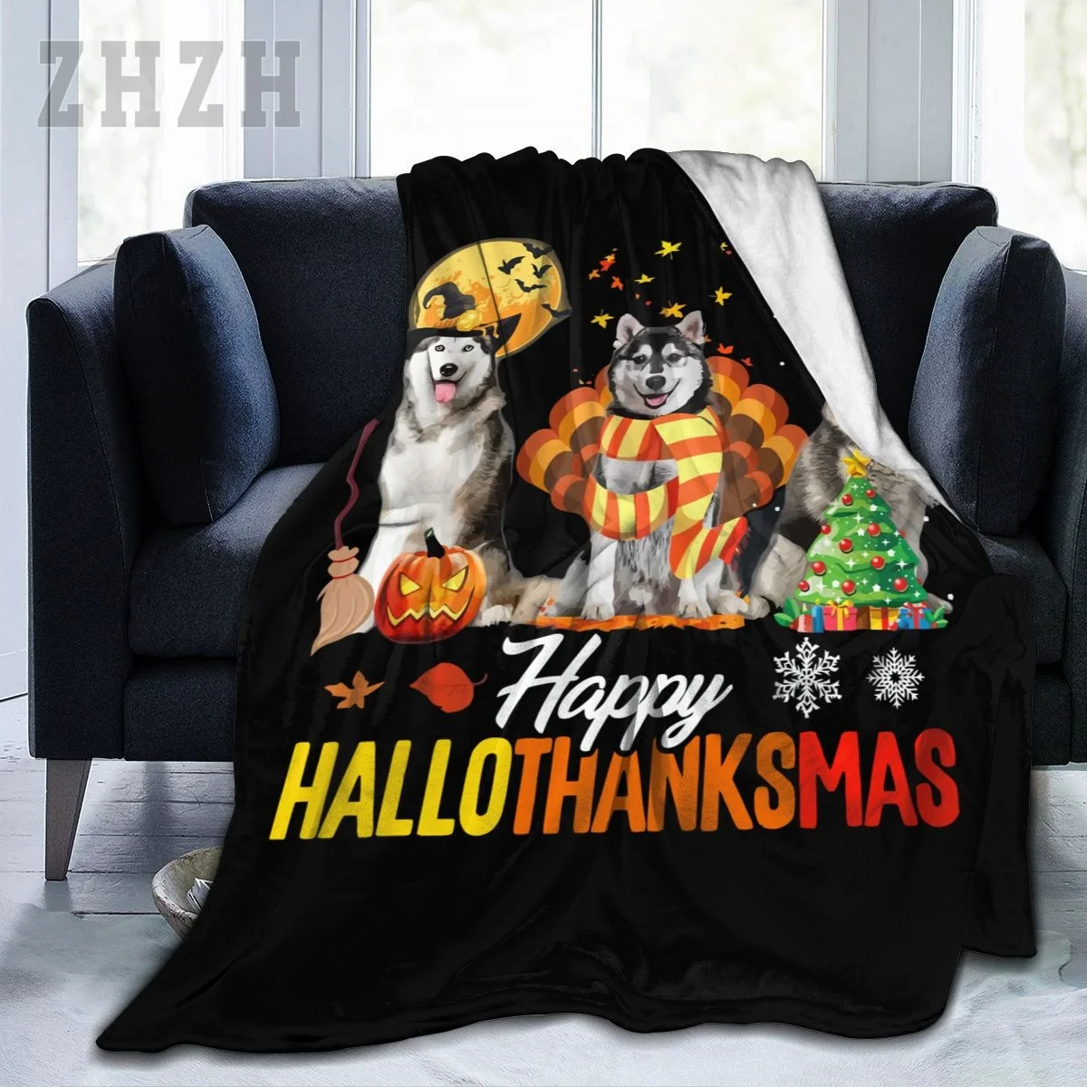 Blanket Siberian Husky Dog Happy Hallothanksmas Halloween Thanksgiving Xmas Flannel Multifunction Camping Sofa Cover Keep Warm