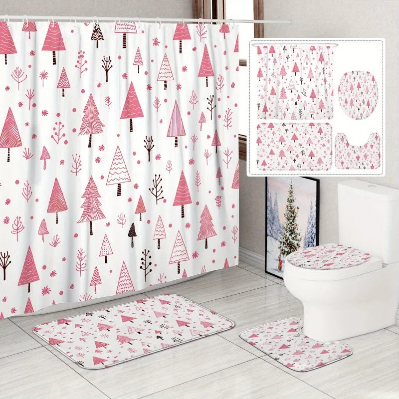 [Open] 1/4PCs Winter set Christmas tree pine simple pink shower curtain waterproof polyester washable F