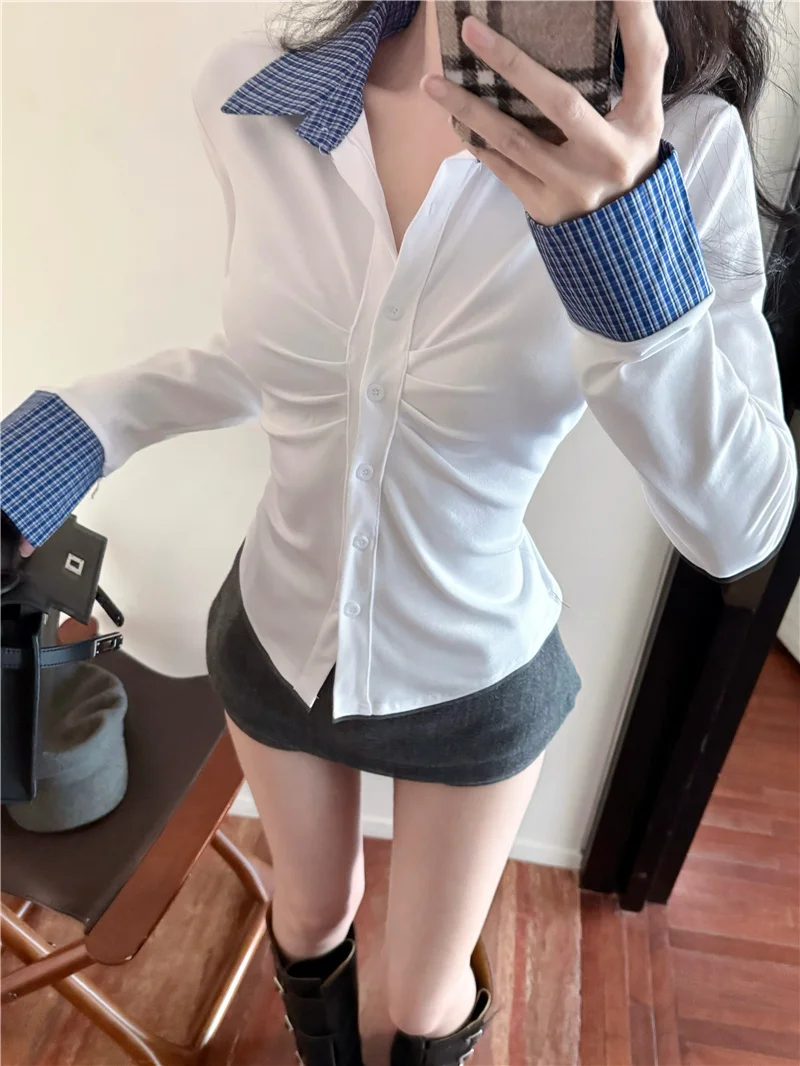 Pure Desire Stijl Patroon Patch Gerimpelde Lange Mouw Tweedelige Tops Voor Vrouwen 2023 Lente Nieuwe Koreaanse Academy Stijl shirt