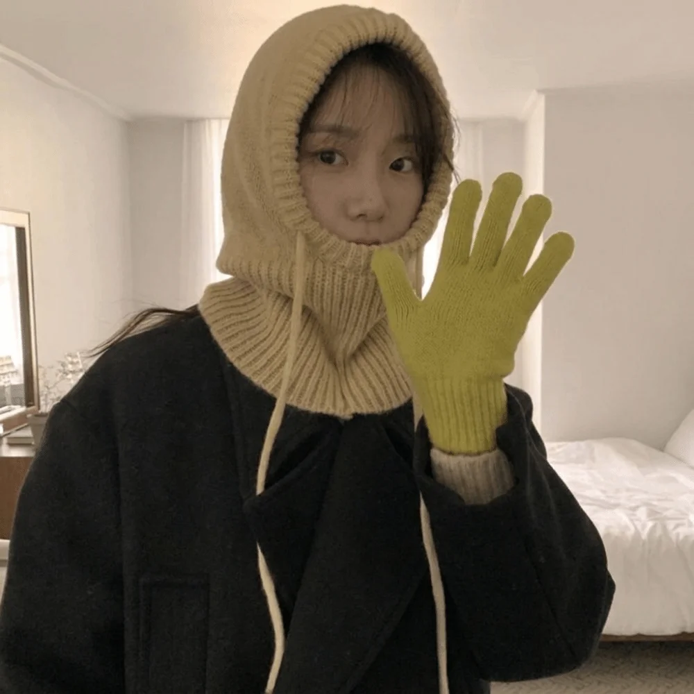 Fashion Solid Color Balaclava Hat Keep Warm Scarf Windproof Beanie Cap Drawstring Neck Collar Winter Ear Protection Cap Women