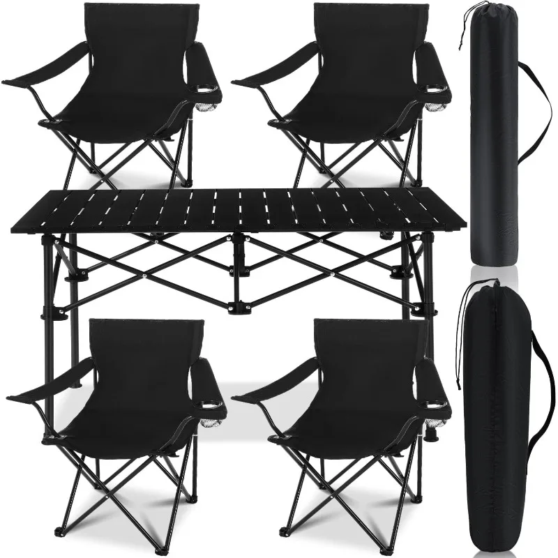 

5 Pcs Summer Portable Camping Chair And Folding Camping Table Set Outdoor Oxford Fabric Folding Chair Lawn Portable Camp Table