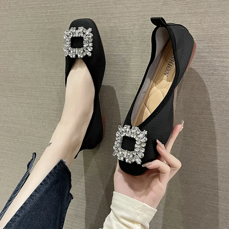 Plus Size Women Shoes Square Toe Pumps Spring New Rhinestones Buckle Slip on Women's Flat Shoes Ladies Office Work Casual Shoes