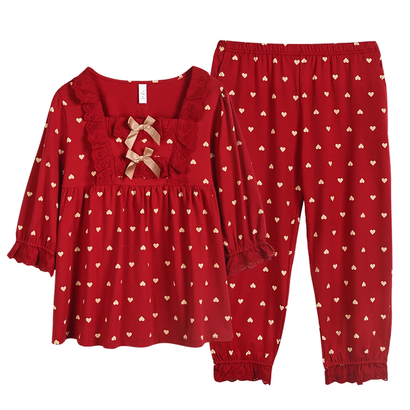 Women Lace Pajamas Set Three Quarter Sleeve Pijamas Mujer Summer Sweet Cute Princess Nightwear Red Heart Pattern Bow Homewear