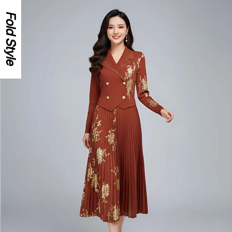 

Miyake Pleated Diagonal Collar Dress Women's Heavy Industry Printing Splicing Waist Elegant Pleated Long Dress