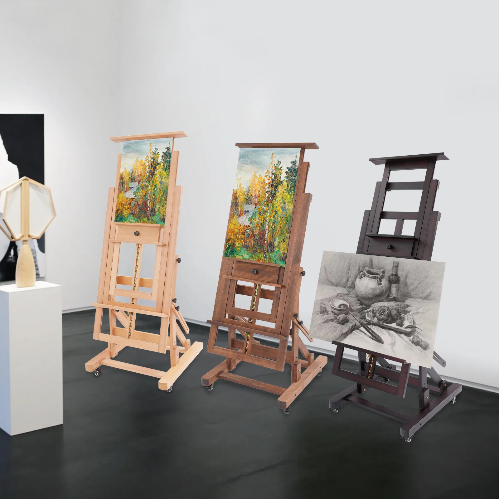 Professionelle Künstler-Staffelei, horizontal, vertikal, doppelter Verwendungszweck, 60 x 65 x 140–300 cm, Massivholz, verstellbarer Höhenwinkel für Kunstklasse – Detail 7