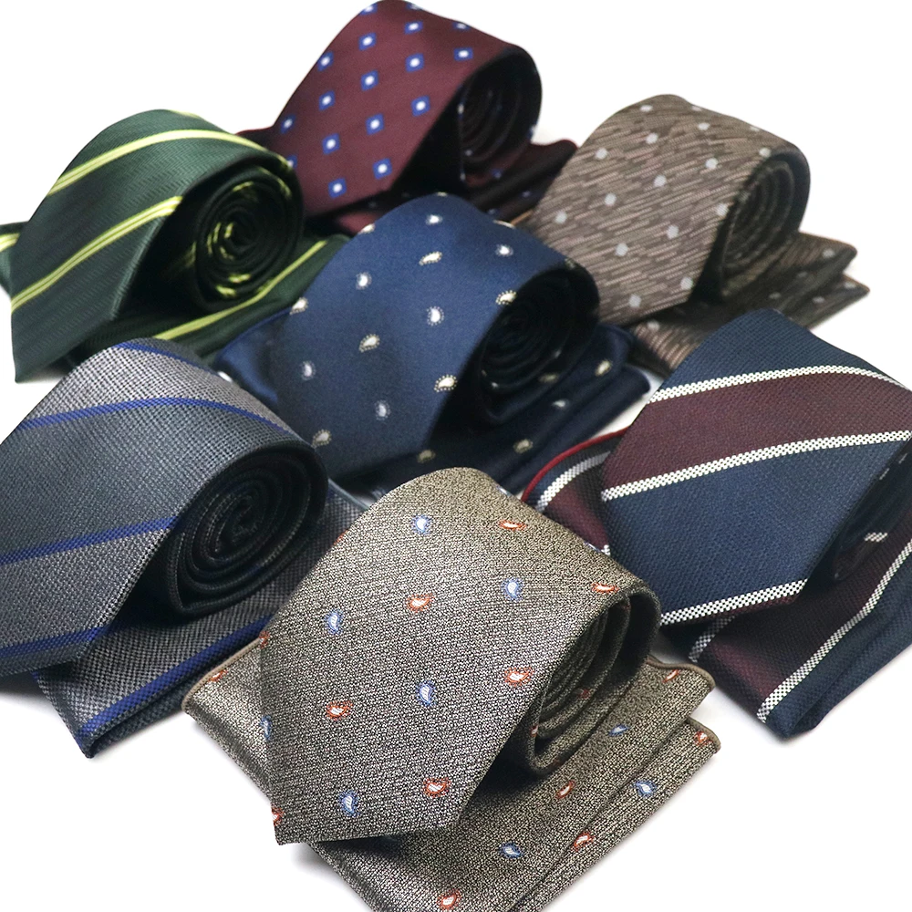 8cm Width Men Neck Tie Set Fashion Wedding Ties Hanky Polyester Necktie Strip Dots Handkerchif Gravata Social Party Accessories