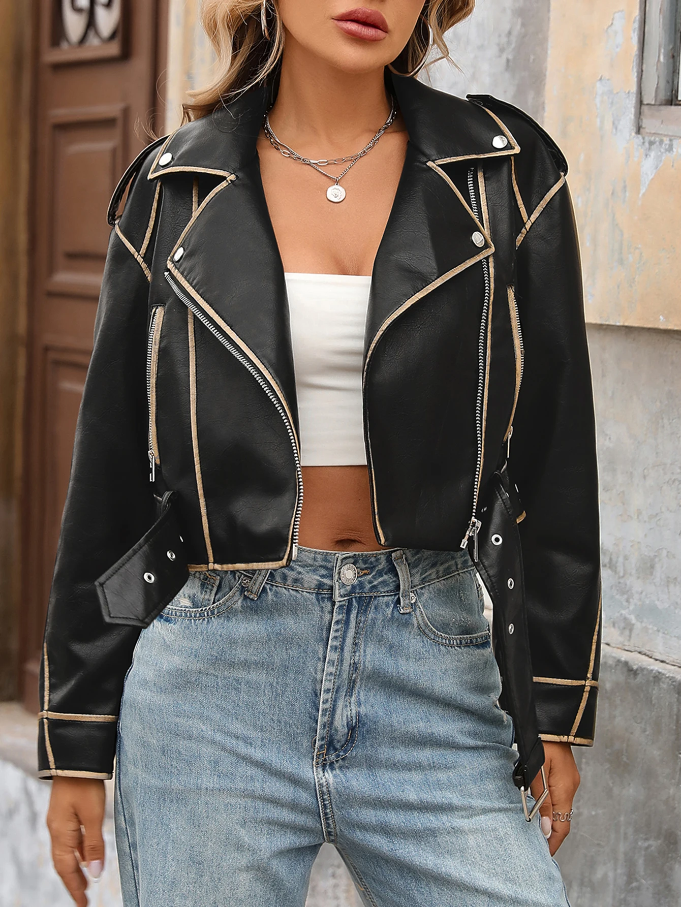 Fitaylor jaqueta feminina de couro sintético pu, casaco de motocicleta de rua alta, casual, lapela, zíper, jaqueta curta de couro