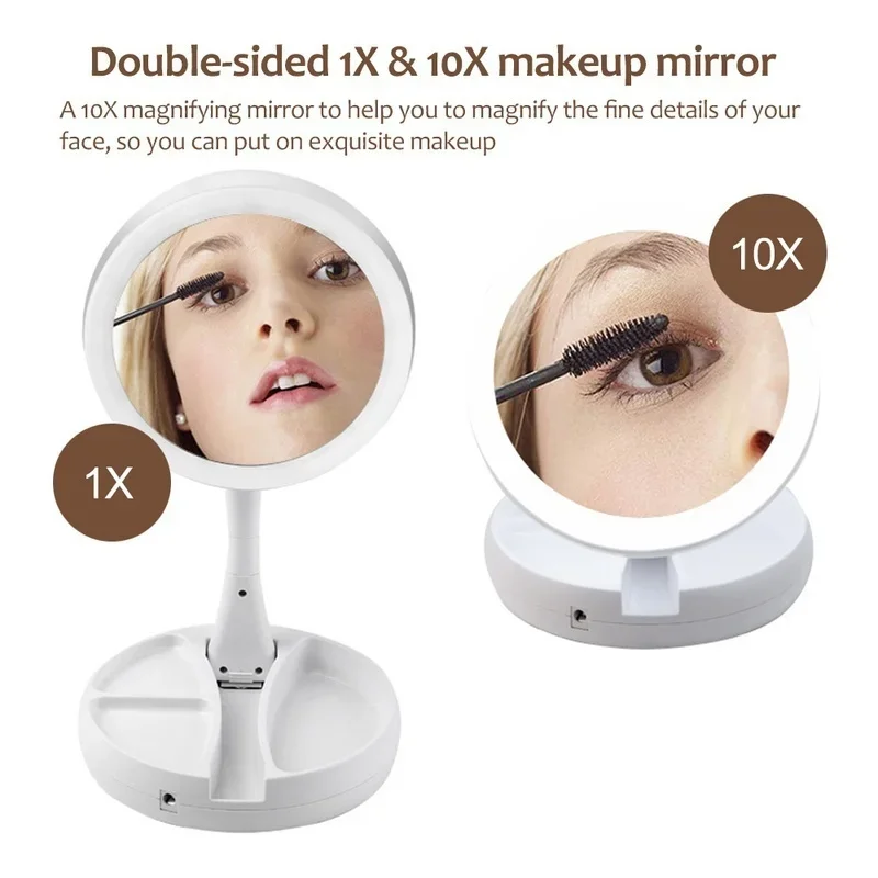 Portable LED Lighted Makeup Mirror Vanity Compact Women Pocket Mirrors Vanity Cosmetic Hand Mirror 10X Magnifying Glasses