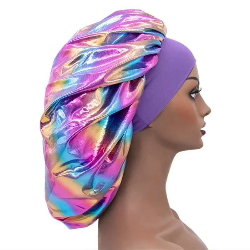 Women Large Sleeping Cap Laser Color Satin Elastic Bonnet Silky Bonnets Muslim Hijabs Lady Shower Cap Beauty Hair Care Cap