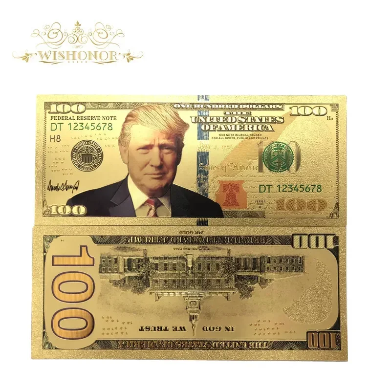 10Pcs/Lot For Nice USA Color Donald Trump Banknotes 100 Dollar Banknote in 24K Gold Plated Paper Money For Gifts