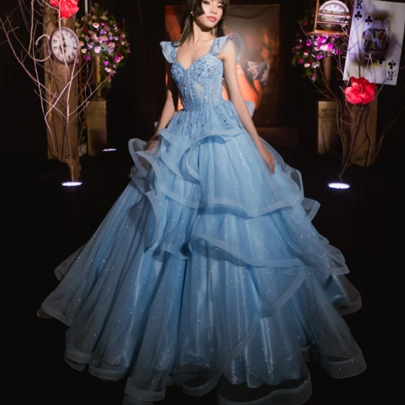 

Light Blue Quinceanera Dresses Off the Shoulder Sequin Crystal Decal Layering Long tail Vestido De 15 Quinceanera Customize