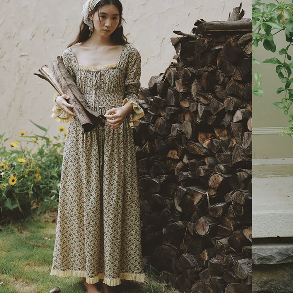 2026 new women long lengthened vintage retro nightgown floral print sleeping dress pajamas long sleeve morning gown robe