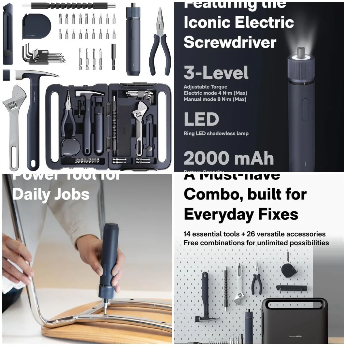 

40-Piece Tool Kit with Smart Electric Screwdriver (LED, 3 Torque) + 14 Tools & 26 Accessories | Compact Organizer for Home, Dorm