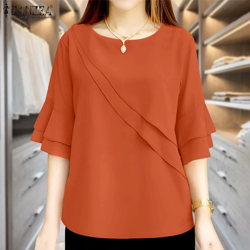 Eleganckie bluzki damskie ZANZEA do pracy biurowej, modne koszule z krótkim rękawem na lato 2025, codzienne bluzki z okrągłym dekoltem, luźne tuniki, topy damskie.