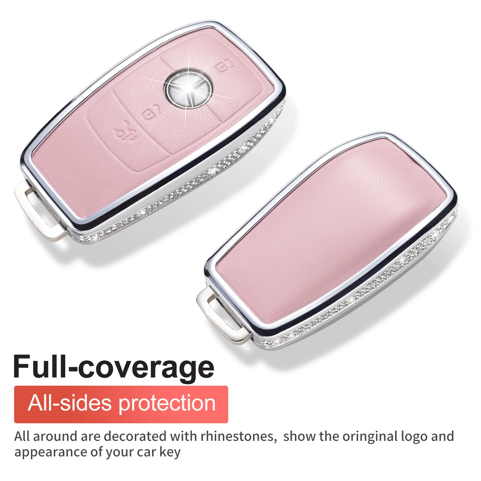 for Mercedes Benz Key Fob Cover with Keychain, Pink Genuine Leather Crystal Key Case Protection Shell Compatible with Mercedes