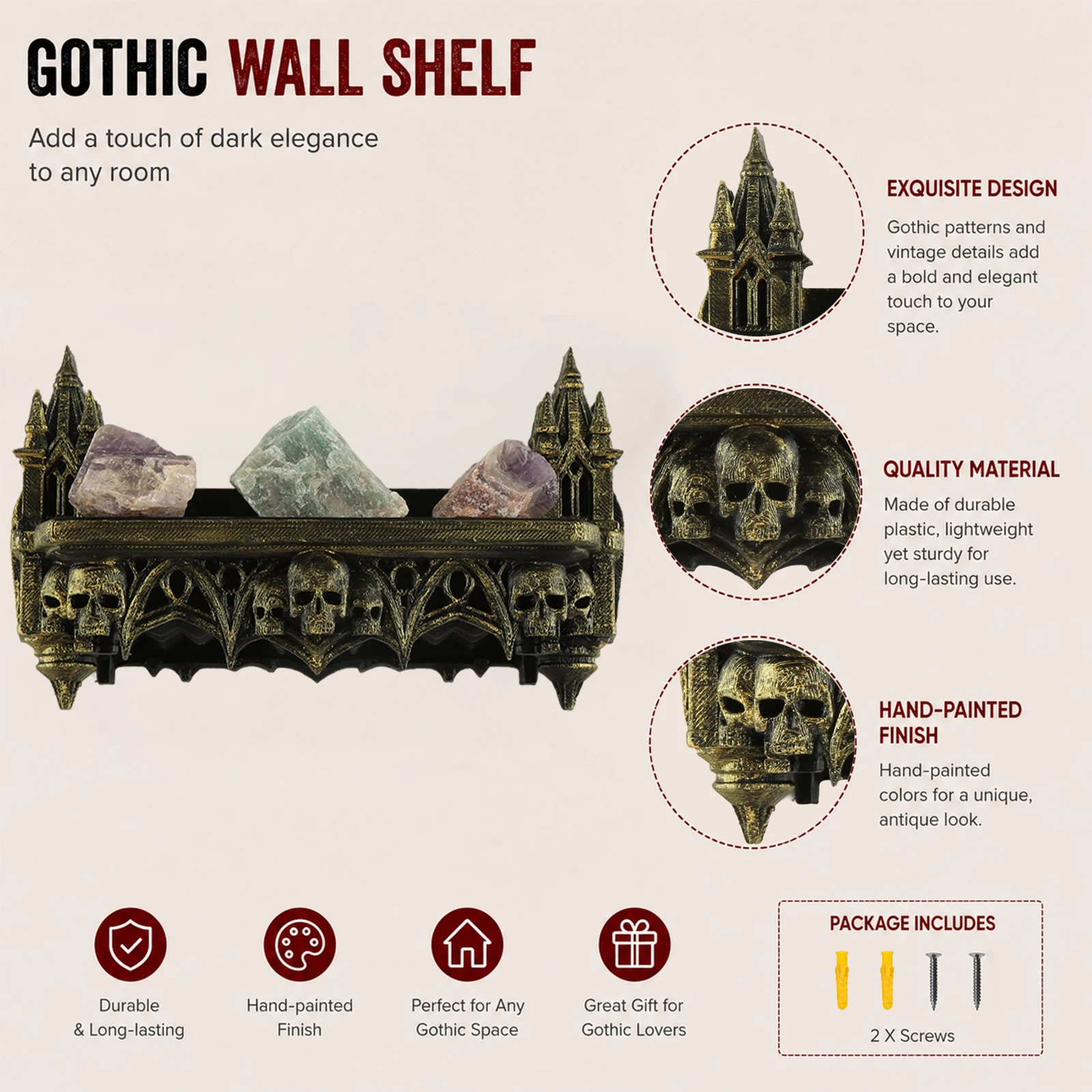 Cross-border Gothic Castle Skull Wall Shelf Resin Wall Rack Crystal Stone Candle Figurine Display Decor