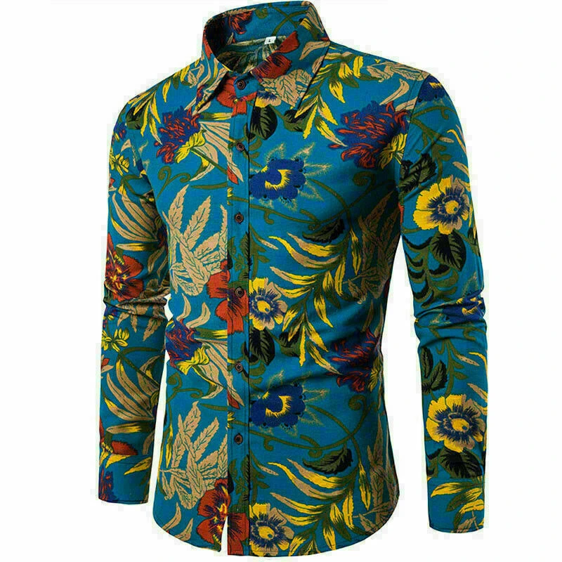 Long Sleeve Hawaiian Shirts Men Fashion Shirt Floral Blouses Cuba Beach Blouse Men\'s Clothing Turn Over Collar Camisas Hombre