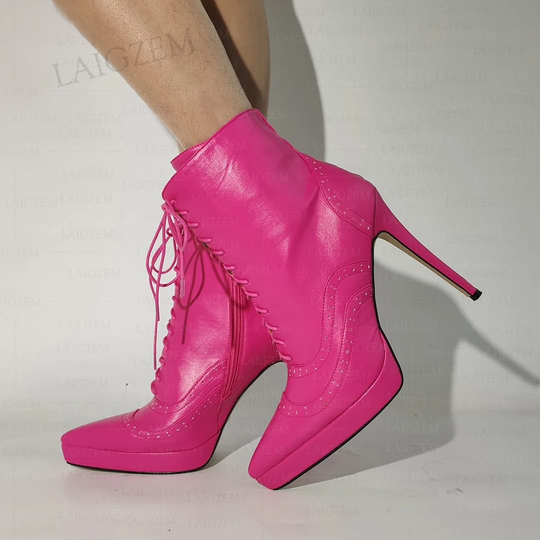 

LAIGZEM Женские ботильоны из искусственной кожи с острым носком и боковой молнией на тонком высоком каблуке Женская обувь Женский большой размер 38 41 45 47