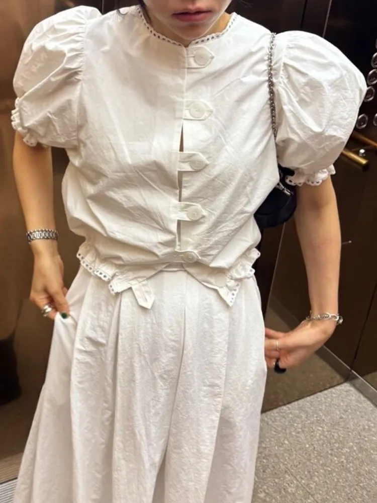 Schickes Single-Button Bubble-Slee irt Damen Sommer New Sle Personali Splicing Lace Trim Top Age-Defng Ele Faion