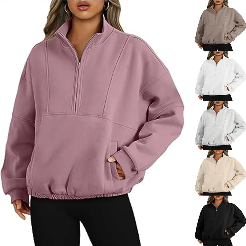 

2024 New Women Winter Sweatshirt Spliced Pullovers Fashion Loose Casual Hoodies Stand Collar Pullover Clothing T874