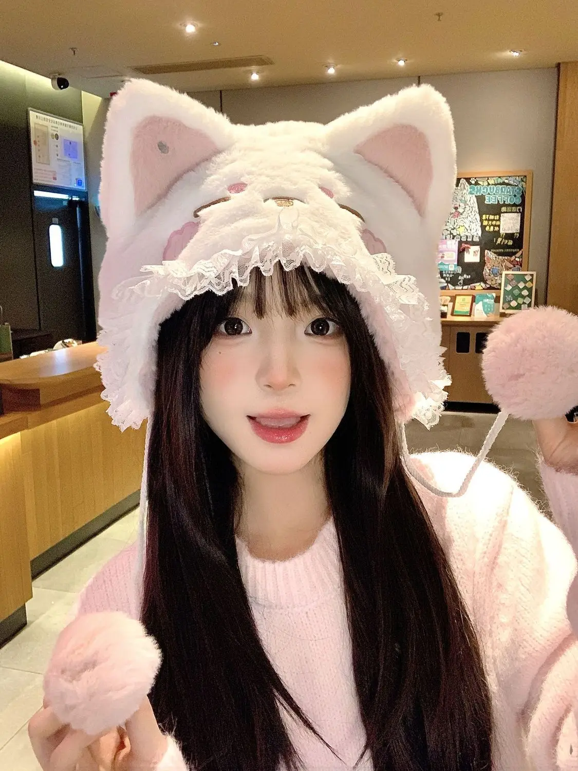 Kawaii Sweet Hat Lolita Women Fluffy Fox Ear Lace Decoration Caps Japanese Y2K Cute Autumn Winter Cute Hat Keep Warm Beanie