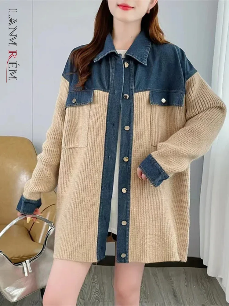 LANMREM Korean Denim Patchwork Sweater Coat For Women Lapel Single Breasted Mid Length Cardigan 2024 Autumn New Clothing 2Z2494