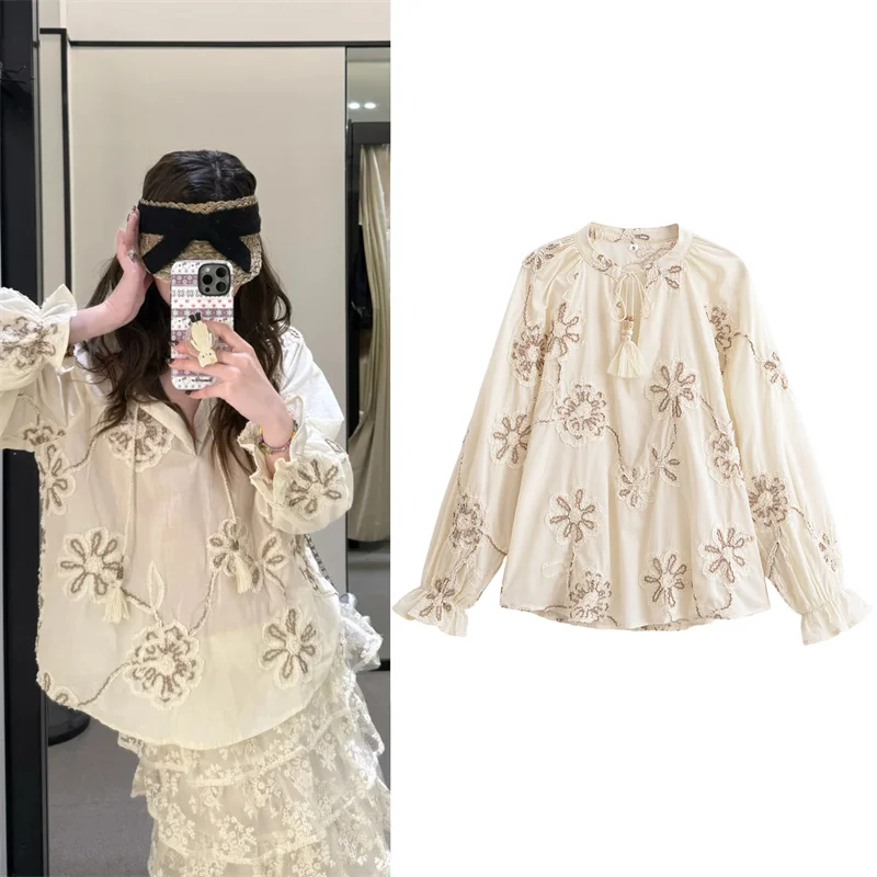 

Women's Shirt New Summer 2025 White Long Sleeve Embroidered Loose Pullover Shirt Rope Embroidery Flower Design Casual Fashion