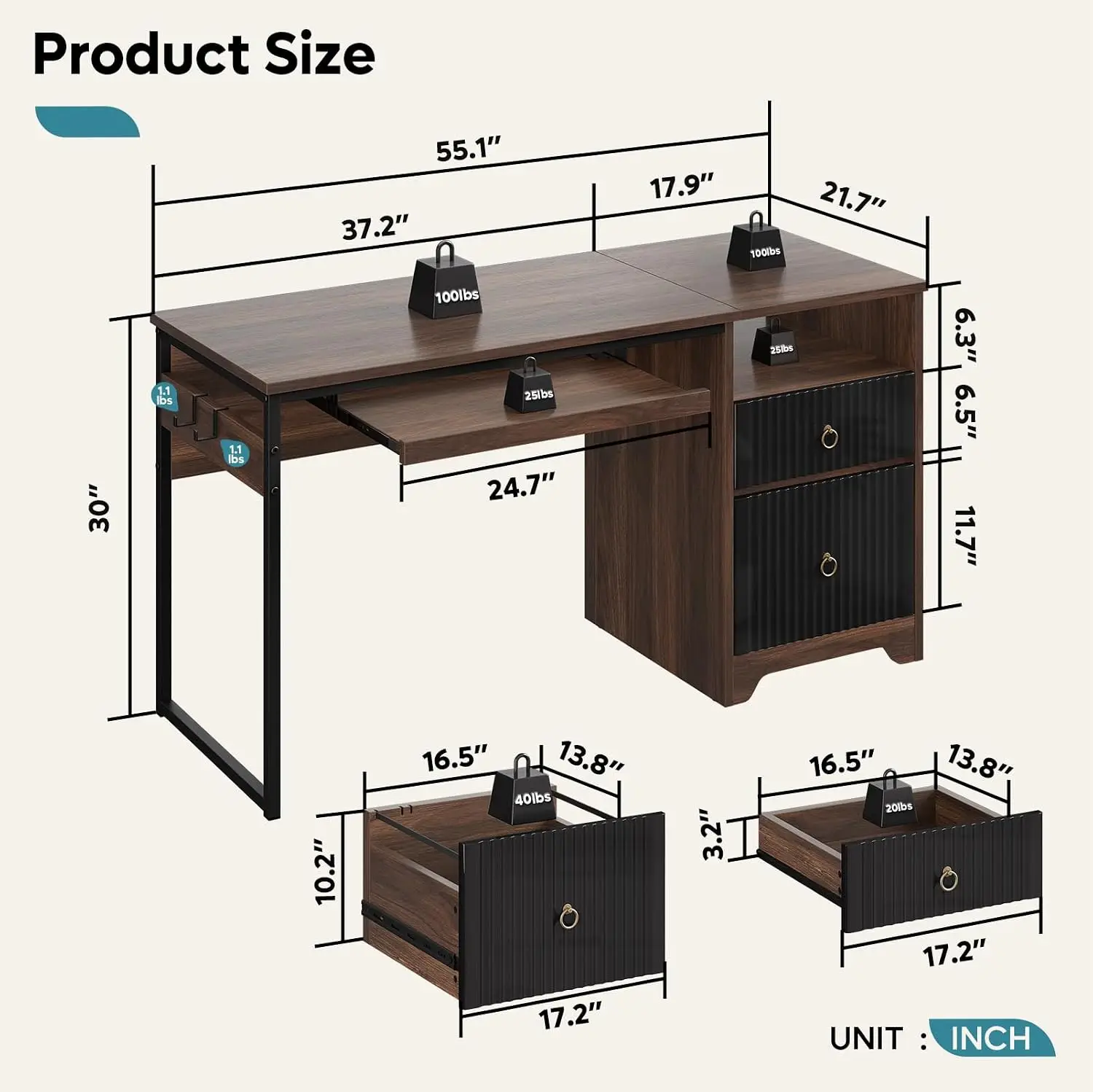 55 Inch Wood Computer Desk with File Drawer & Keyboard Tray, Customized