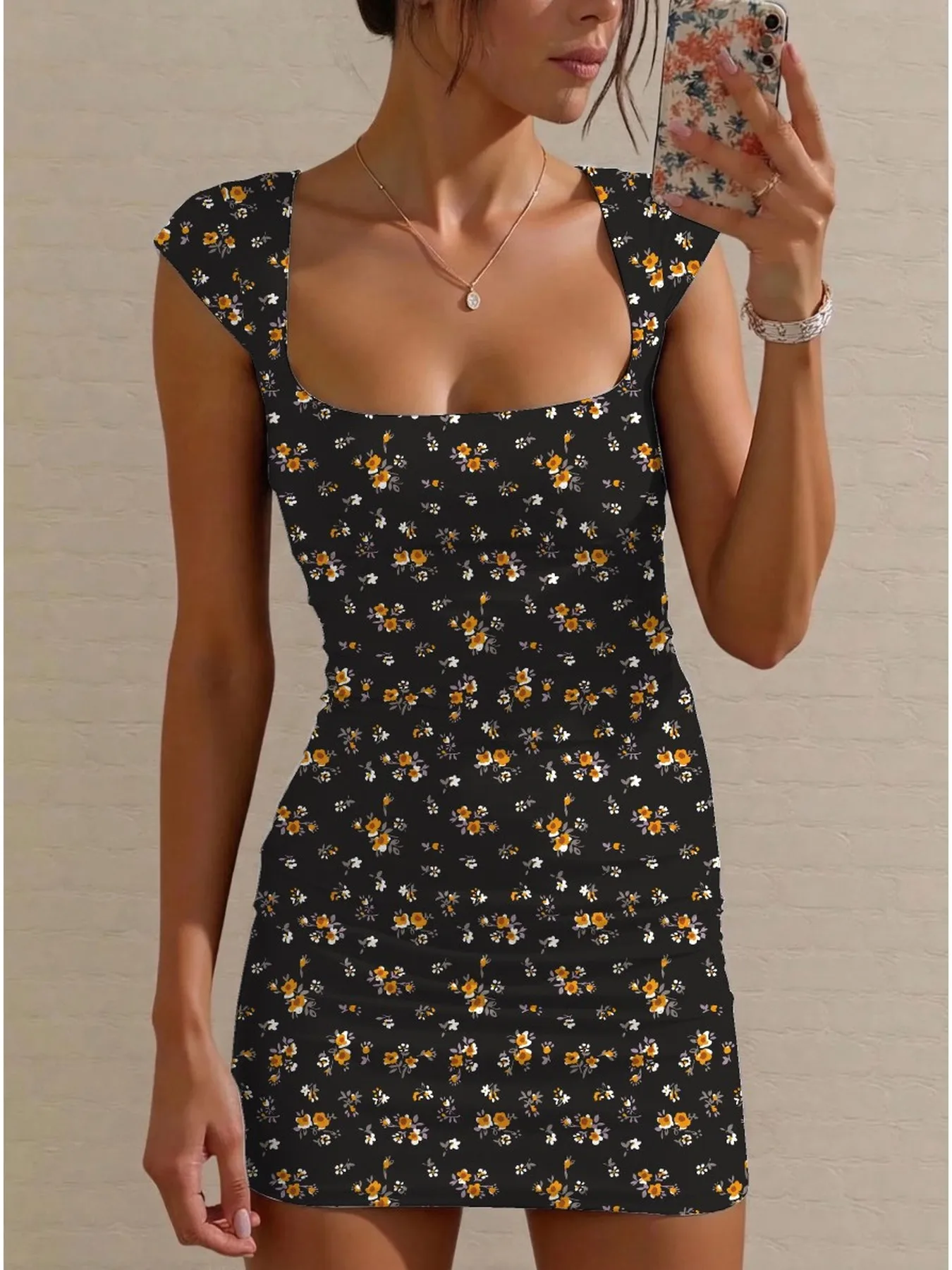 Damen-Sommerkleid, sexy, modisch, lässig, elegant, mit tailliertem Schnitt, quadratischem Ausschnitt, ärmellos, mit Blumenmuster, Minirock. – Detail 4